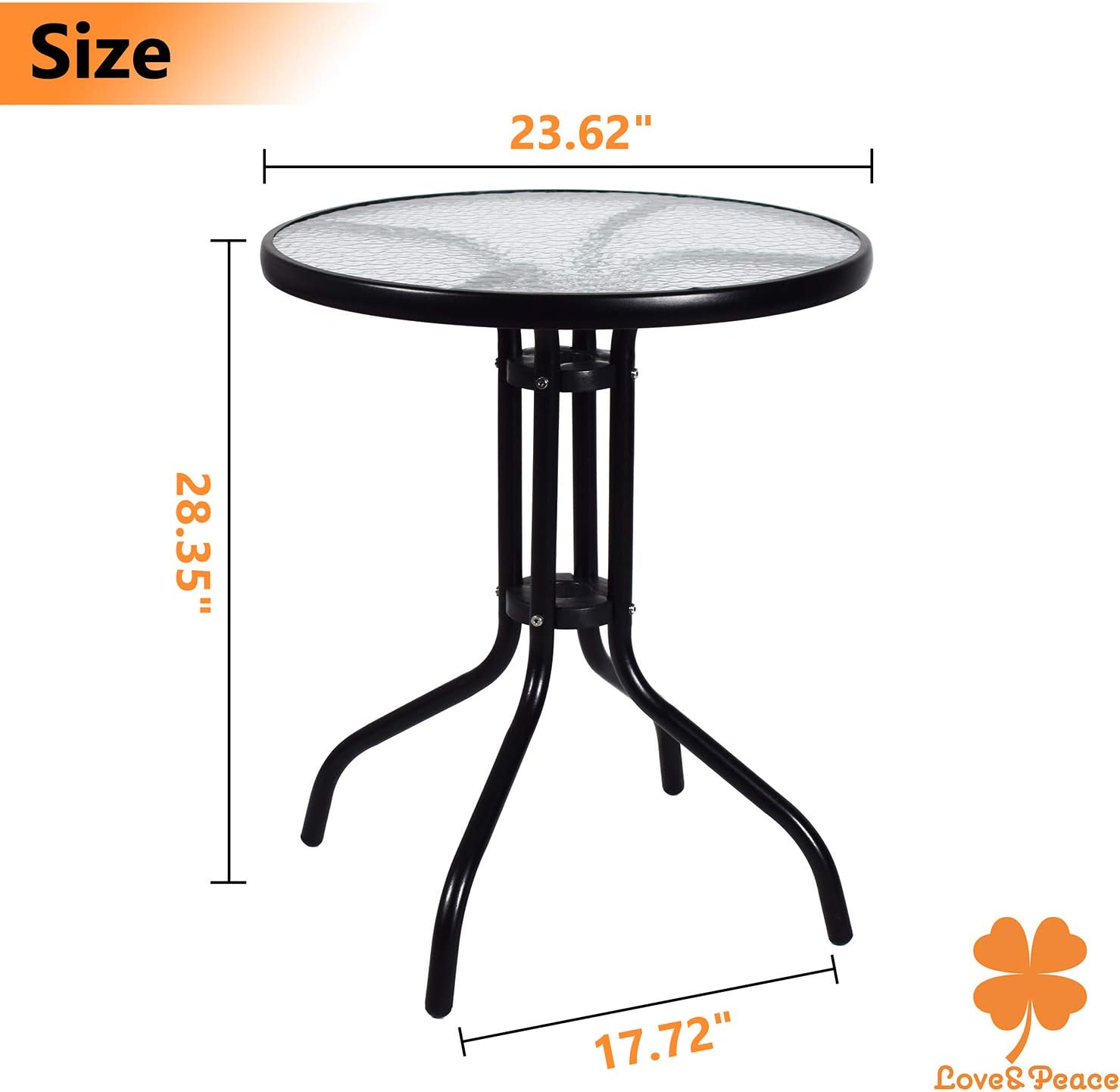 Love & Peace 24" x 24" Outdoor Bistro Table Metal Round Patio Side Table Outdoor Coffee Table Furniture Garden Backyard Dining Table, W/Elegant Water Ripple Glass Table Top, Black: Kitchen & Dining