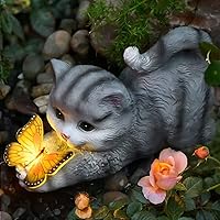 Solar Garden Statue Cat,Garden Figurine Outdoor Decoration with Cat Holding Butterfly for Yard,Patio,Lawn Art Decoration,Hous