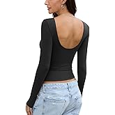 Womens Backless Double Lined Top Long Sleeve Y2K Going Out Top Sexy Open Back Boat Neck Shirt Slim Fit Spring Fall Tee