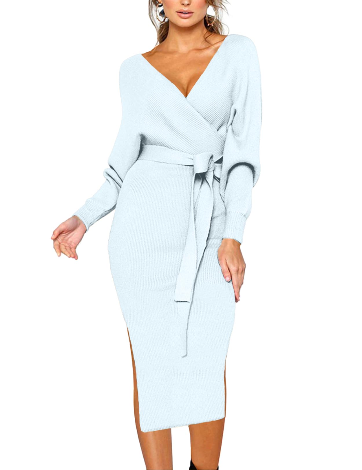 CHERFLY Women's V Neck Sweater Dresses Batwing Long Sleeve Backless ...
