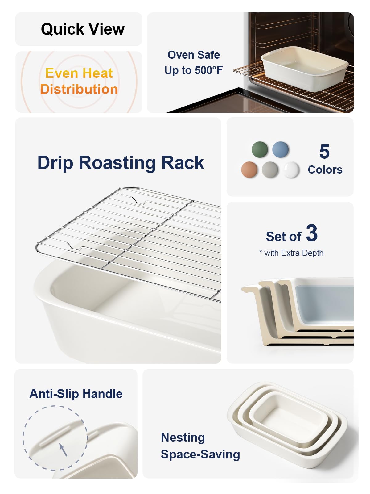 LE TAUCI Deep Casserole Dishes for Oven, 13.7”x9.6” Ceramic Baking Dish Set with Roasting Racks, Large Lasagna Pans with Handles, Rectangular Bakeware as Gift for Mom, White (4.6QT/3.0QT/1.6QT), Set of 3