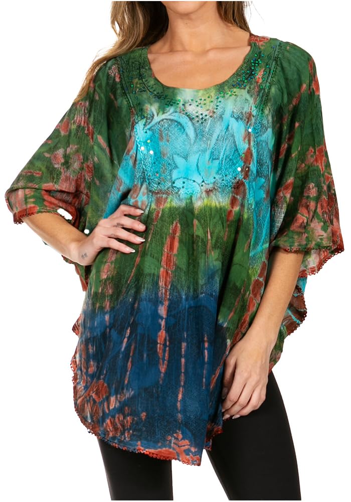 Sakkas 14031 - Ellesa Ombre Tie Dye Circle Poncho Blouse Shirt Top with Sequin Embroidery - Green/Turquoise - OS