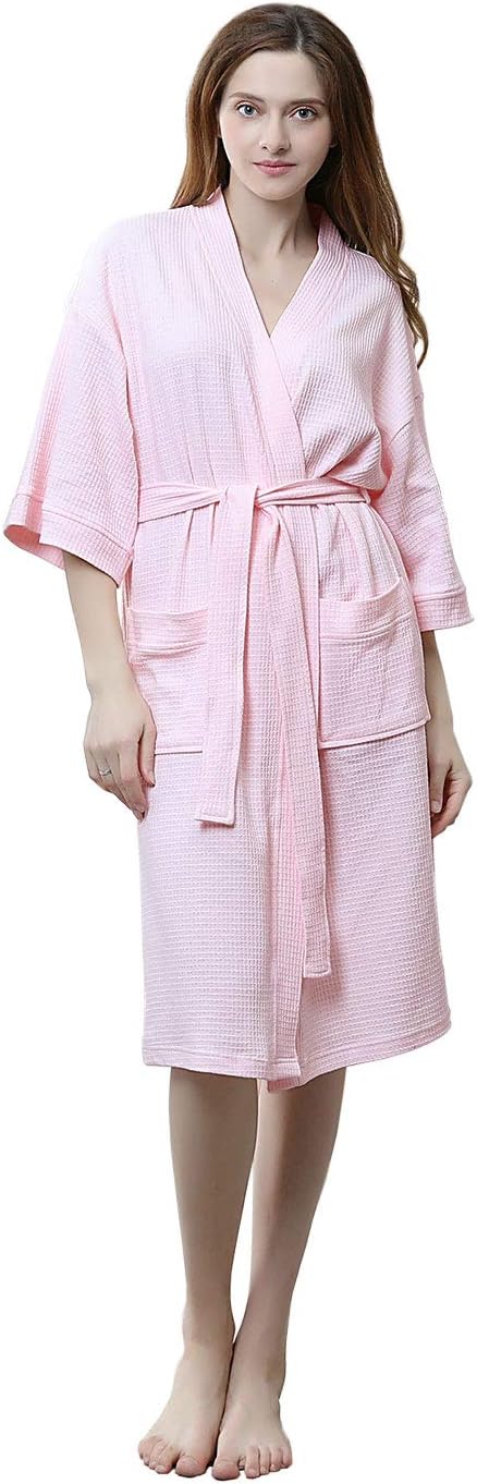 Womens Waffle Kimono Bathrobe Soft Above Knee Length Hotel Bridesmaid Spa Robe Lightweight Dressing Gown
