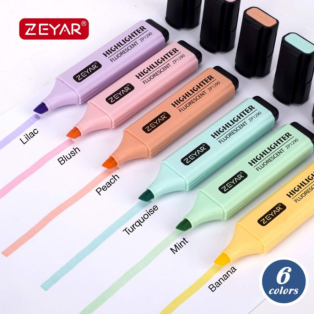 ZEYAR Highlighter, Pastel Colors Chisel Tip Marker Pen, AP Certified, Assorted Colors, Water Based, Quick Dry (6 Macaron Colors)