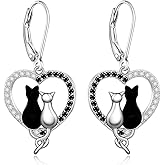 Cat Sterling Silver Earrings for Women Animal Halloween Cats Lover Gifts Earrings Jewelry Leverback Dangle Drop Christmas Gifts for Women