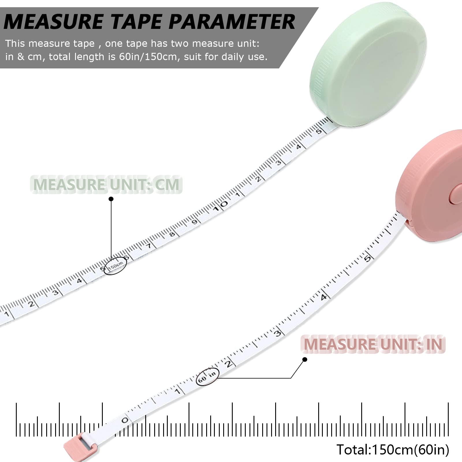 6 Packs Retractable Tape Measure + 2PCS Soft Measuring Tape for Body Measurements(60-Inch), Premium Sewing Tape Double Scale Vinyl Ruler for Weight Loss Medical Tailor Fabric Cloth Knitting Craft