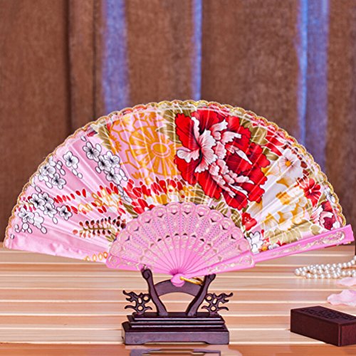 Eshylala Lace Silk Folding Hand Held Flower Pattern Fan for Dance Wedding Party,Chinese Style Folding Fan