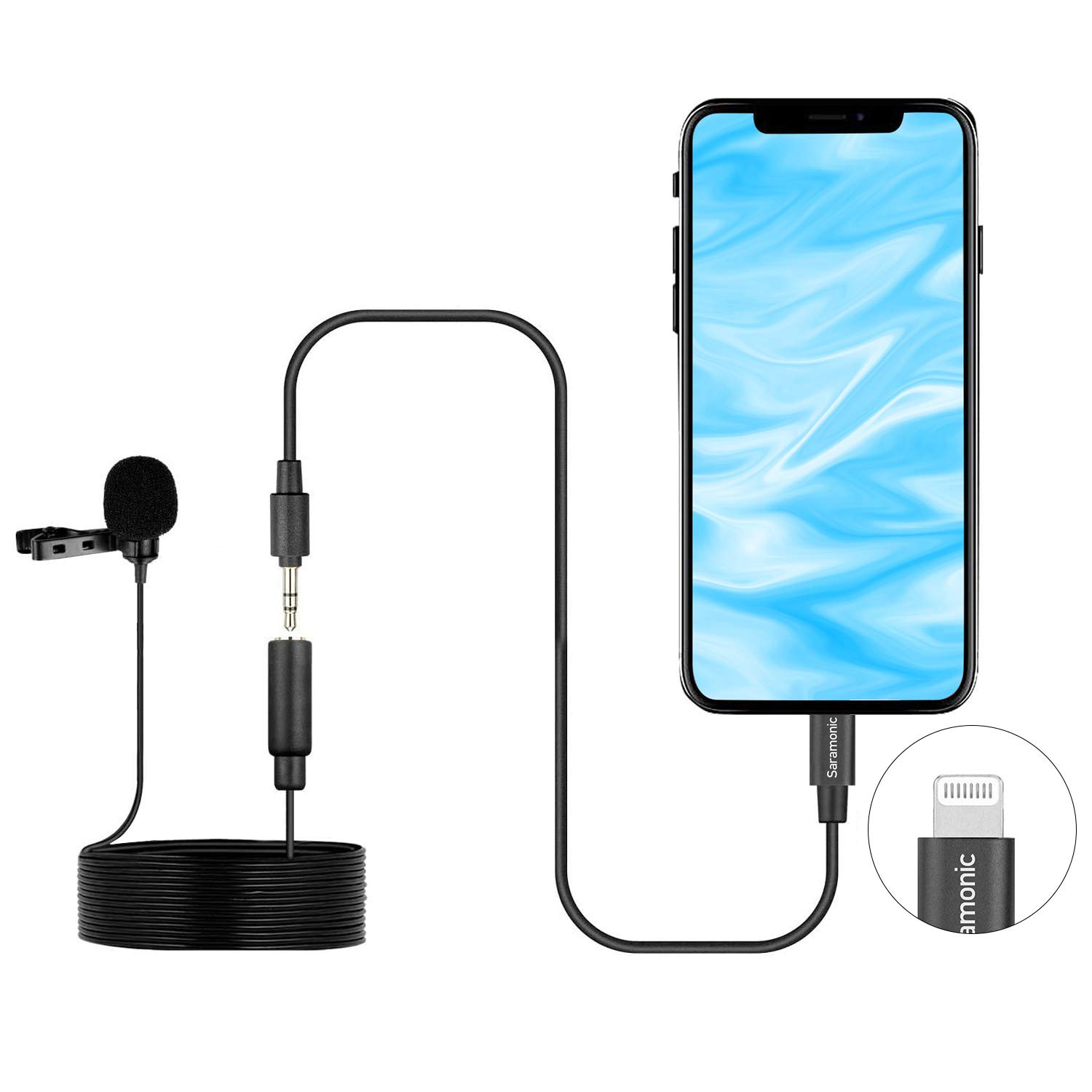 Lavalier Lightning Microphone, Saramonic LavMicro U1B Universal Lapel Mic with Lightning Plug Adapter Compatible with iPhone 11 10 X 8 7 MAC iPad YouTube Video Facebook Live (20ft)