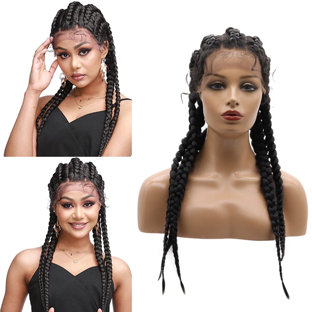 AFbeauty Black Box Braided Wig for Women - Synthetic Lace Front With Baby Hair, Heat Resistant Fiber, Afro 5 Braids, 24 Inch - Party Makeup