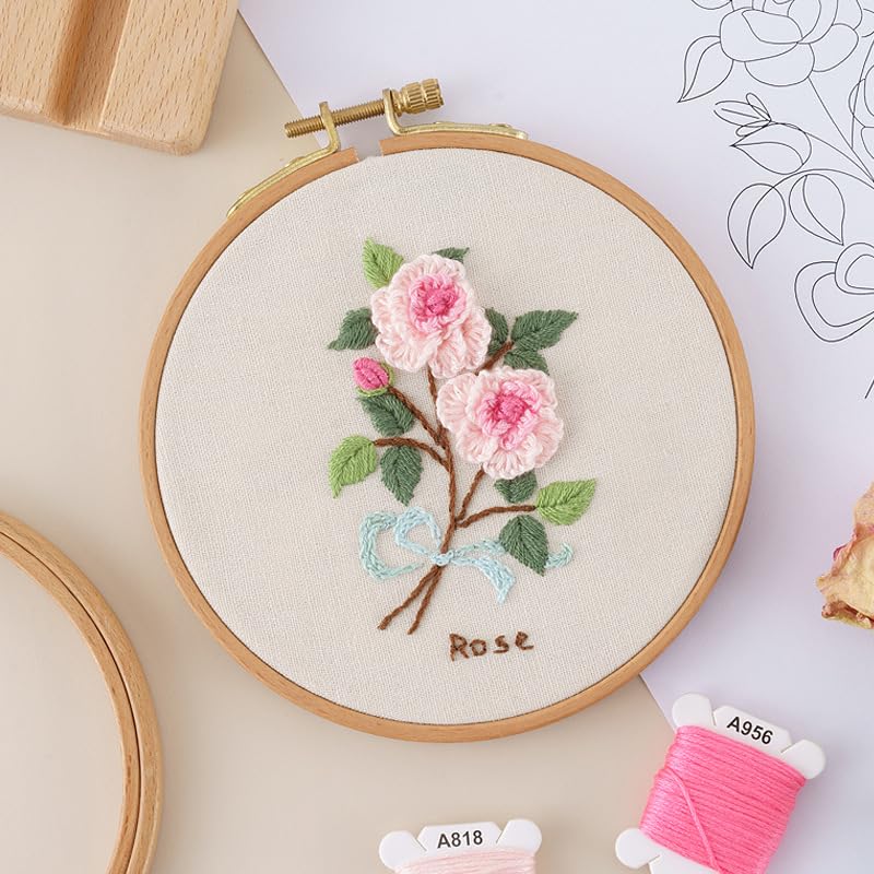 Photo 1 of 1 Set Embroidery Kit for Beginners – DIY Needlework Craft Gift with Pre-Stamped Patterns, Hoop, Needles, Threads & Instructions, Rose
