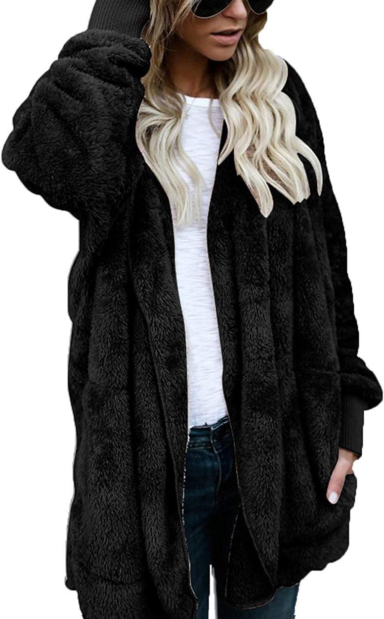 ThusFar Women's Hooded Dolman Sleeve Faux Fur Cardigan Jacket Coat For Winter Black XXL