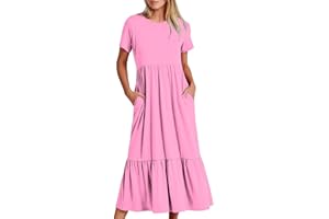 Bilqis Women's Summer Casual Dresses Short Sleeve Crewneck Swing Maxi Dress Flowy Tiered Beach Vacation Sundress with Pockets
