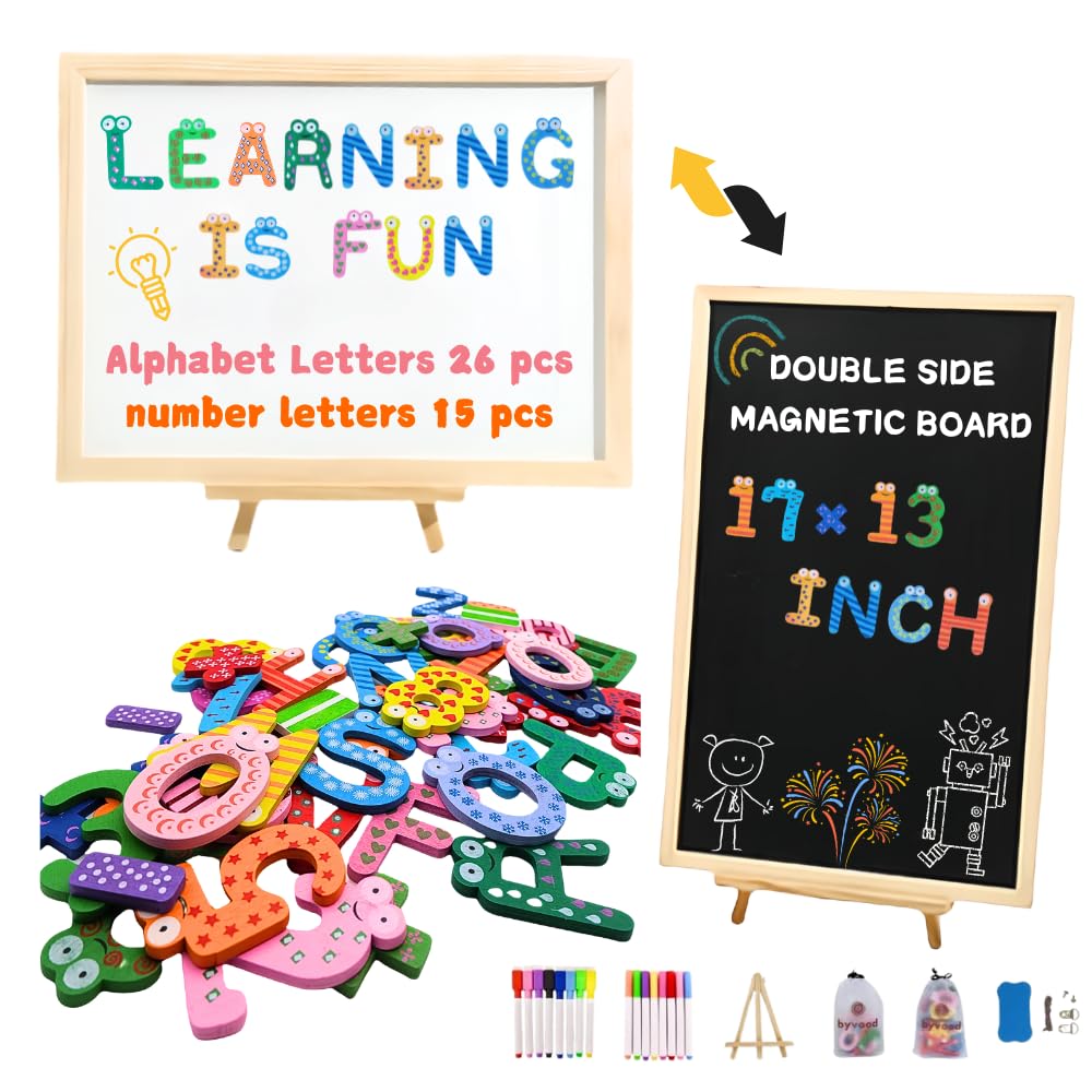 Photo 1 of Byvood Double-Sided Magnetic Chalkboard and Whiteboard- Includes Wooden Magnetic Alphabet&Number Letters Kit- Spelling and Learning Toys for Preschool Kids&Toddlers&Children