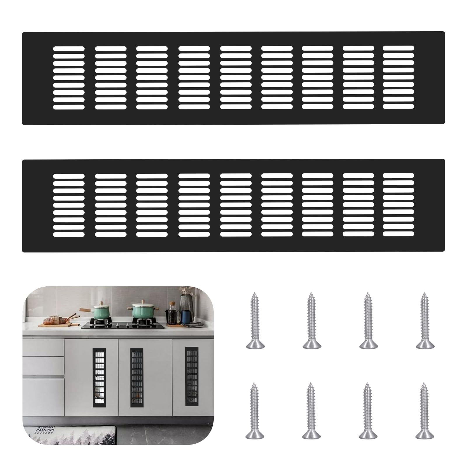 CONNECTION 2 Pcs Aluminum Alloy Air Vent Grille Cover 8 x 40 CM Rectangle Kitchen Plinth Vent Air Vents Covers for Walls Ventilation Grilles for Kitchen Home Office Bathroom (Black) — image 1