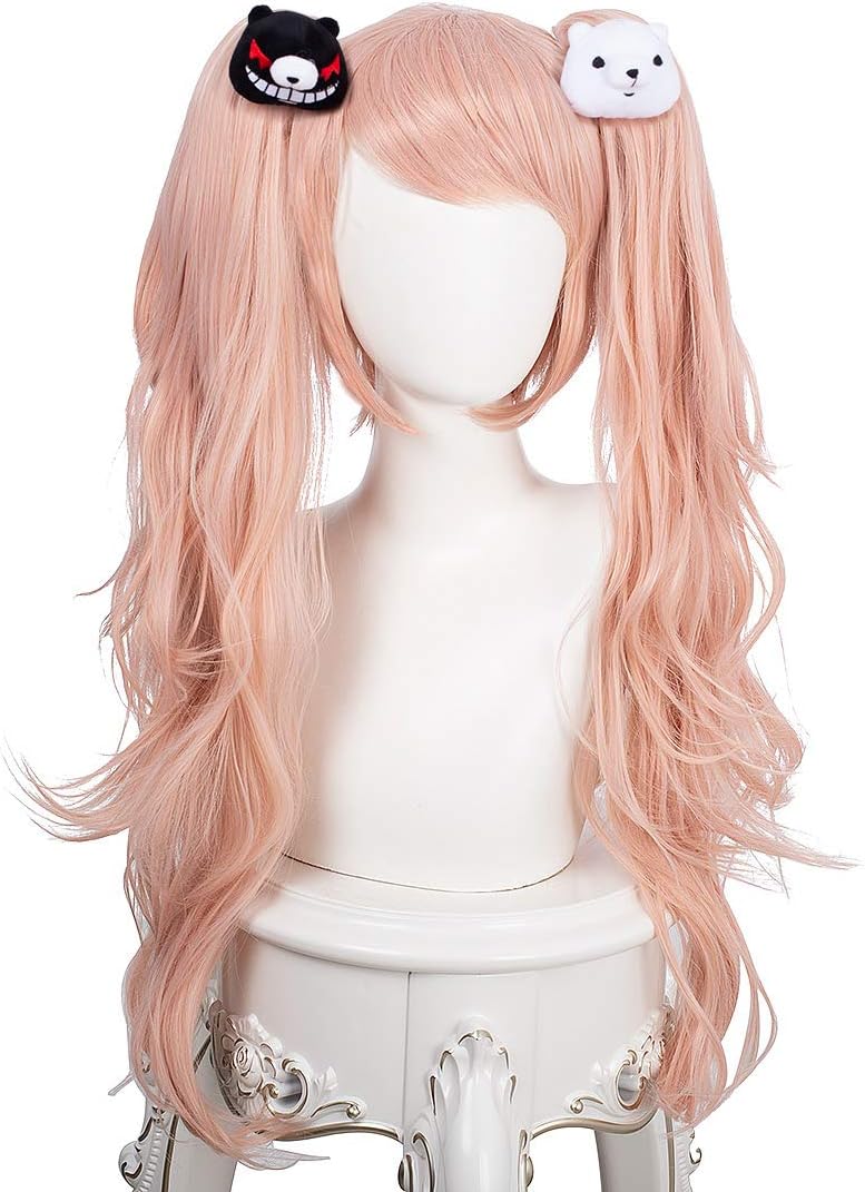 Topcosplay Long Curly Pink Wig with Pigtails and Bear Hair Clips for Halloween Fancy Dress Party, Junko Enoshima