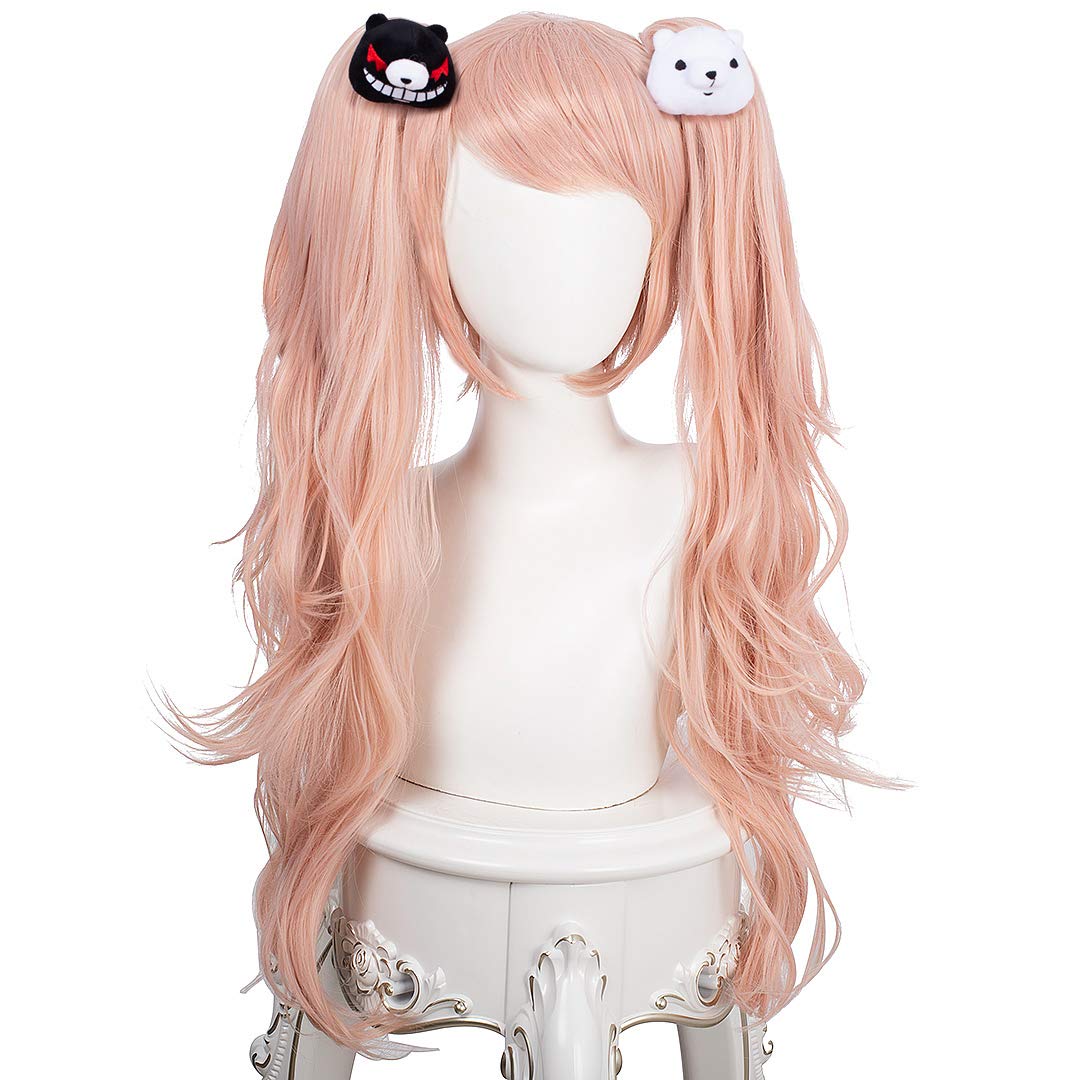 Topcosplay Long Curly Pink Wig with Pigtails and Bear Hair Clips for Halloween Fancy Dress Party