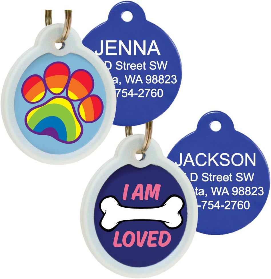 GoTagsUnique Pet Tags, Personalized with 4 Lines of Custom Engraved ID, Silent Dog Tags with Glow in The Dark Silencer to Quiet Tag, Several Cute Tag Designs for Cat or Dog, (I Am Loved)