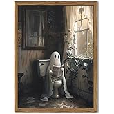 Framed Vintage Halloween Bathroom Ghost Wall Art, Cute Ghost on Toilet Reading Pictures Wall Decor, Spooky Gothic Dark Academia Paintings Canvas Prints Moody Home Decor for Restroom 12x16 inch