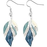 Boho Leaf Earrings for Women, Leaf Silver Dangle Earrings, Blue Ethnic Tropical Plant Drop Earring Trendy Jewelry Gift
