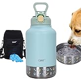 GiNT 37oz Insulated Stainless Steel Dog & Human Water Bottle | Leakproof Travel Dispenser with Detachable 10oz Bowl, 24H Cold/12H Hot, Carrying Case for Walking, Hiking,Camping & Outdoor Travel(Green)