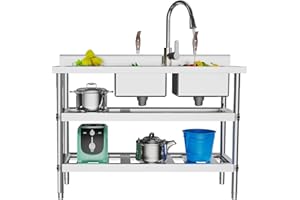SABUIDDS Stainless Steel Commercial 2 Compartment Sink, Free Standing Utility Sink with Pull-out Faucet, Adjustable Three-Tier Design for Restaurant, Garage, Shop, Outdoor Use - 47.24'' x 17.72'' x 31.5''