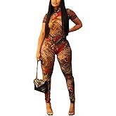 Deloreva Women Sexy Bodycon Jumpsuit - See Through Mesh One Piece Party Club Outfit Summer Print Body Suit Backless Pantsuit