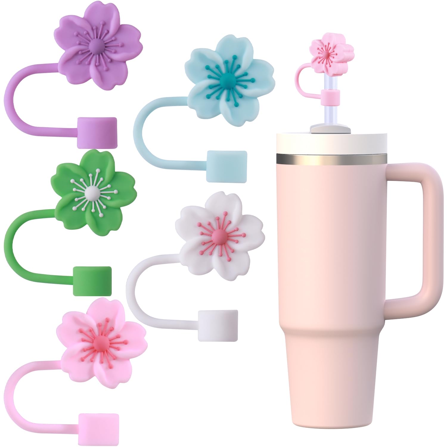 Photo 1 of GLAMFIELDS Straw Covers Cap for Stanley Cup 30-40 oz, Toppers for Tumblers With Handle 10mm 0.4in Silicone Accessories, Dust-Proof Protectors, Cherry Blossom 5 Pack