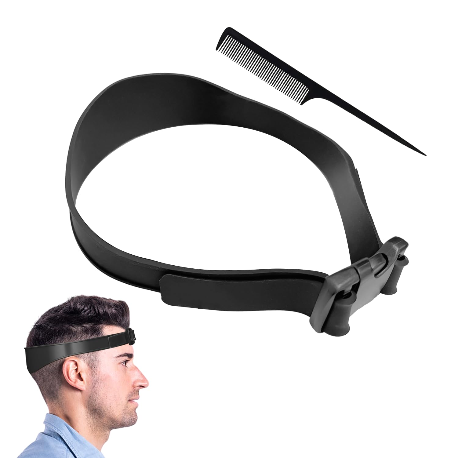 OAAO 1 Piece of Hair Styling Aid Band with 1 Piece of Pointed Tail Comb, Silicone Hair Band, Adjustable Hair Cutting Band, Hair Cutting Tools, Suitable for Barber Shops, DIY Hair Cutting (Black)