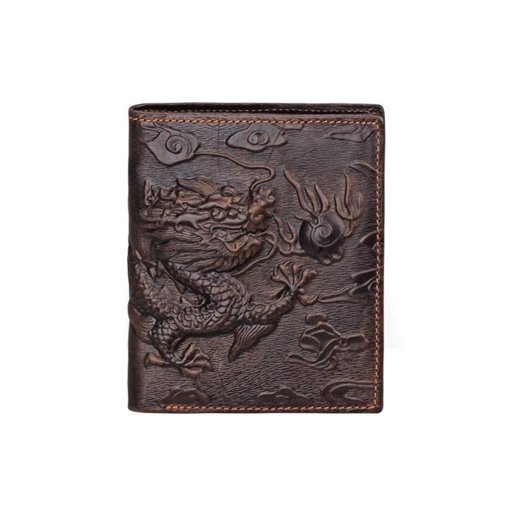 Mens Brown Leather Wallet with Credit Card Holder Dragon Pattern Vertical
