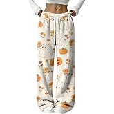 Flannel Pajama Pants for Women Wide Leg Homewear Halloween Lounge Pants | Pumpkin Ghost Spider Web, Long Oversized, Halloween Pjs Pants, Comfortable Fuzzy, Funny Vintage Y2k, Festival Family