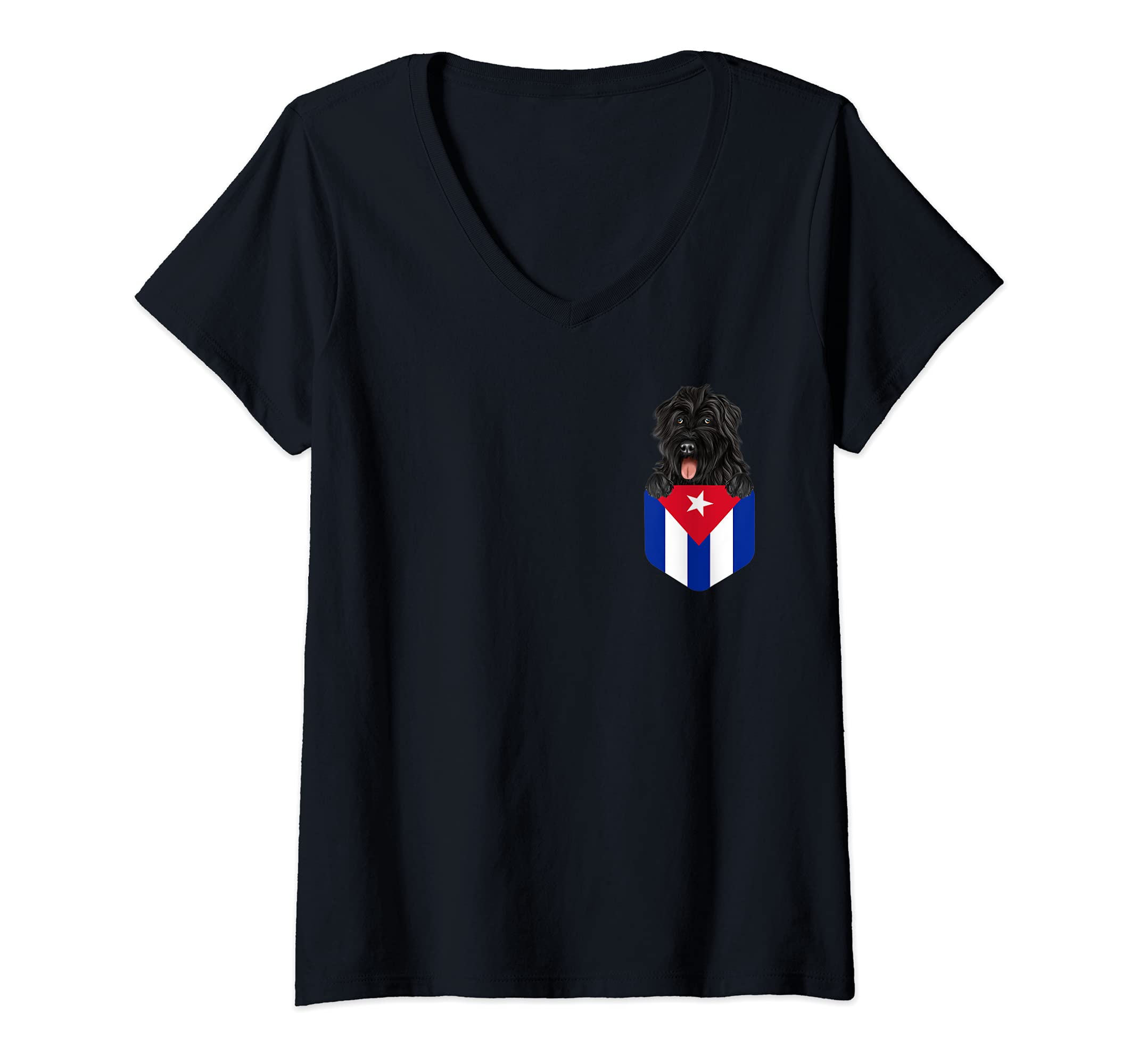 Womens Cuba Flag Bouvier des Flandres Dog In Pocket V-Neck T-Shirt