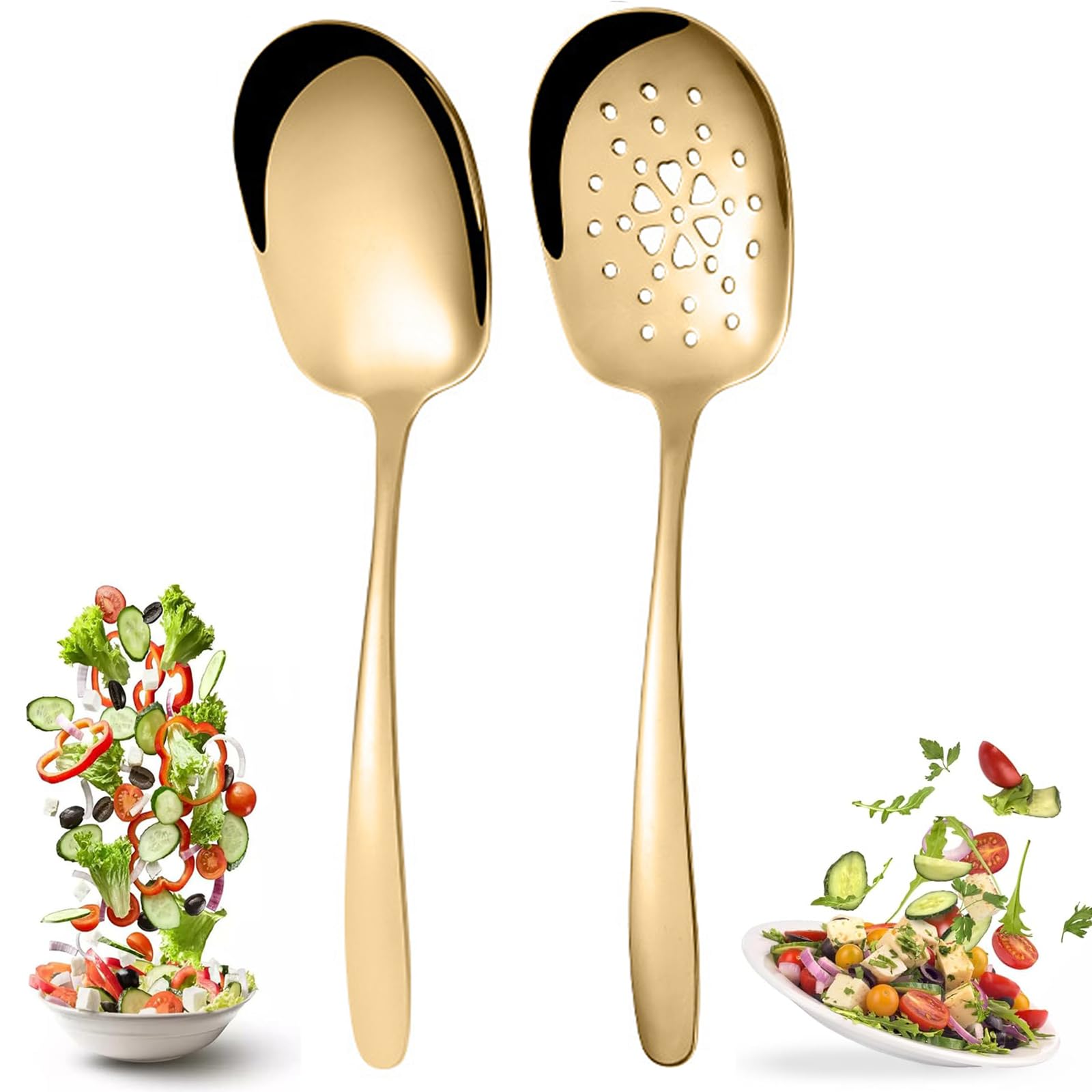 Tomuvpzn Serving Spoon Set Made of Stainless Steel - 2 Pieces Large and Slotted Spoons, Salad Servers for Banquet, Buffet, Restaurant