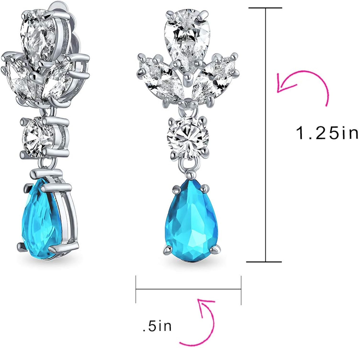 Vintage Art Deco Style Blue Simulated Aquamarine Cubic Zirconia AAA CZ Statement Dangle Formal Leaf Teardrop Chandelier Clip On Earrings Wedding Prom Silver Plated - Image 5