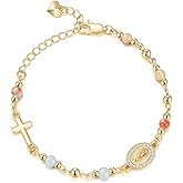 Women's Gold Virgin Mary Bracelet - 14K Gold Plated Religious Cross Bracelet,Dainty Golden Non Tarnish Virgen De Guadalupe Natural Stone Beaded Jewelry,Catholic Faith Baptism Confirmation Gift for Her