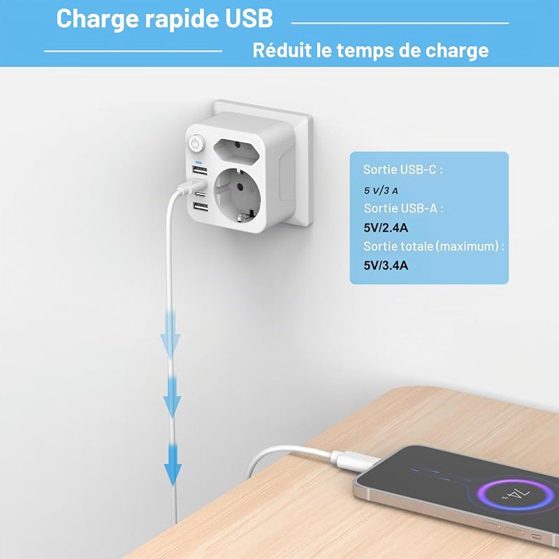 multiprise avec 4 blocs d'alimentation, prises USB C, 2 adaptateurs USB-C — photo 5 sur 7