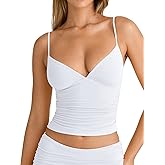 PINKMSTYLE Women's Sexy V Neck Ruched Cami Top Sleeveless Spaghetti Double Layer Fitted Crop Tank Tops