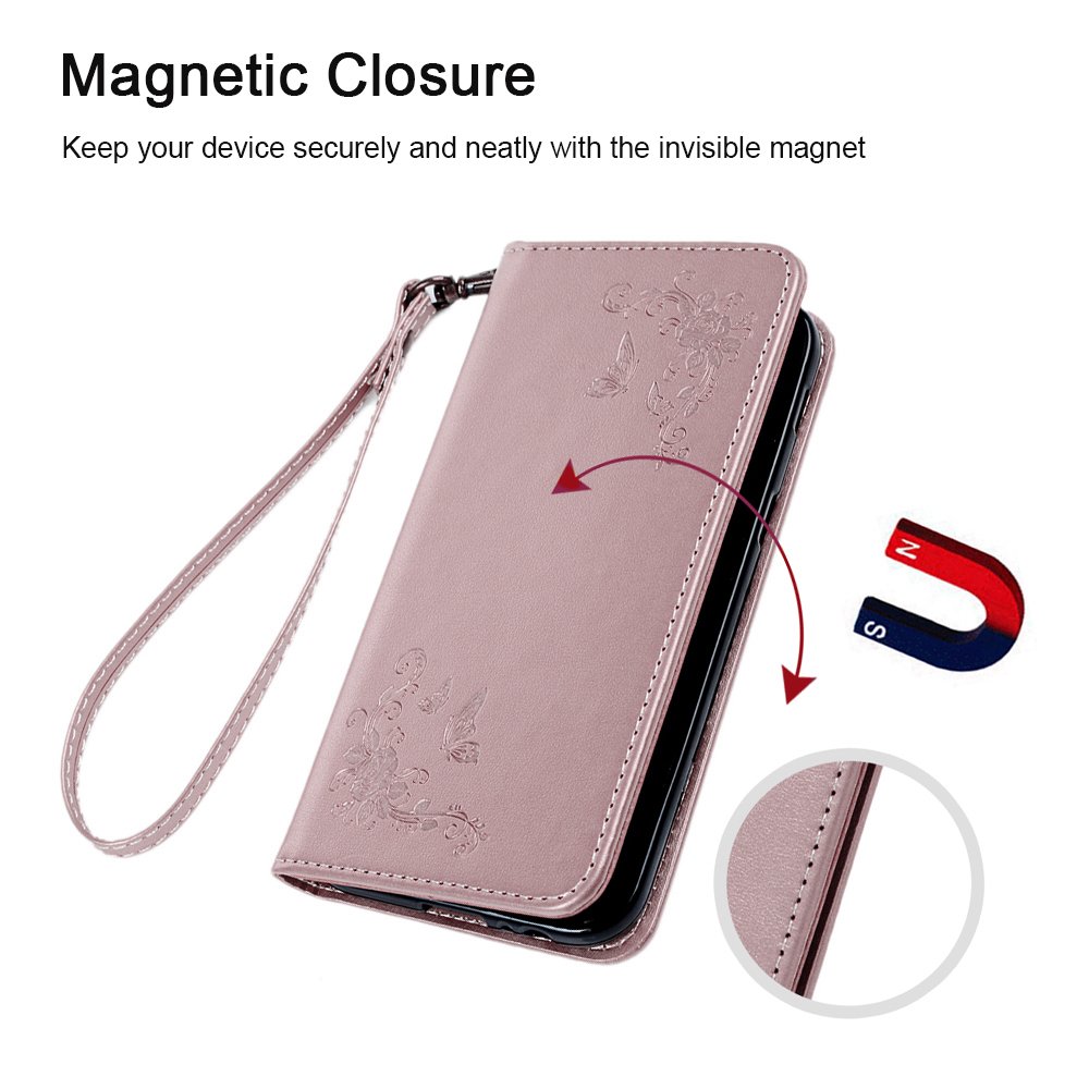 A5 2017 Case - MAXFE.CO for Samsung A5 2017 Case Embossed Butterfly Rose Gold PU Leather Flip Stand Cover Case for Samsung Galaxy A5 2017 (5.2 Inch) with Dual Layer Hand Strap Card Holder [Magnetic Closure] - Rosy Gold