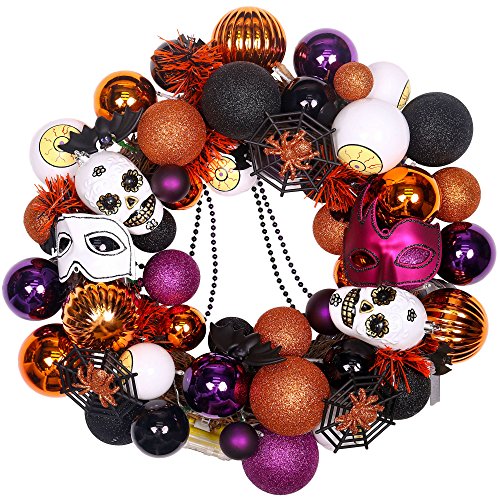Valery Madelyn 20” Pre-Lit Traditional Halloween Wreath with Spooky Shatterproof Ornaments Including Skulls,Spiders,Eye Balls,Bats and Masks,Rattan Base with 20 LED Lights,Remote and Timer Included