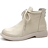 Forevercan Women's Genuine Leather lace-up flat ankle boots Classic Round Toe Back zipper Soft Bottom Casual Booties Comfortable Vacation Office Anti Slip Leather Boots