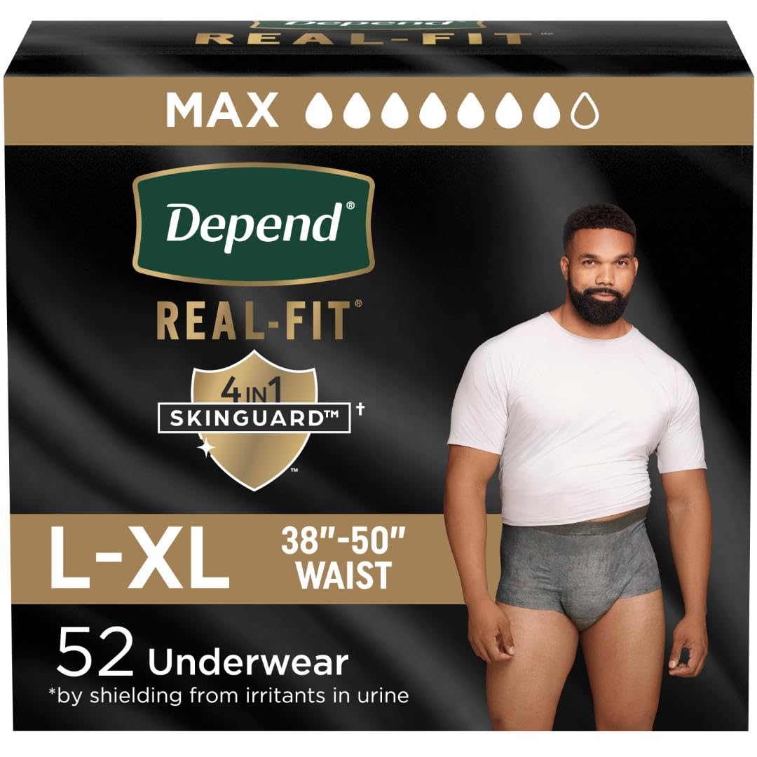 Photo 1 of Depend Real Fit Adult Diapers, Incontinence Underwear for Men, Disposable, Maximum Absorbency, Large/Extra Large, 52 Count (2 Packs of 26), Packaging May Vary