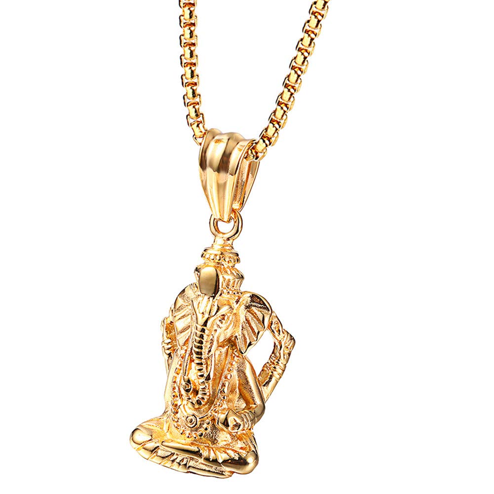 PAURO Men's Stainless Steel Ganesha Elephant God of Success Lucky Pendant Necklace Vintage Gold
