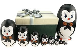 Apol Lovely Penguin with Bowtie Egg Shape Handmade Wooden Russian Nesting Dolls Matryoshka Doll Set 10 Pieces in a Box with Bow for Home Decoration Kids Toy Birthday Christmas Easter Gift