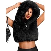 ShawGobow Cropped Fur Coat,Zip Up Hooded Furry Vest Women,Fluffy Jacket Rave Concert Night Club