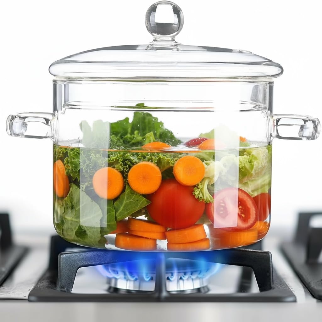 Clear Glass Simmer Pots for Cooking on Stove, Glass Stew Soup Cooking Pot with Lid Kitchen Thickened Stockpot Large Serving Bowl, 1.35L / 46 OZ