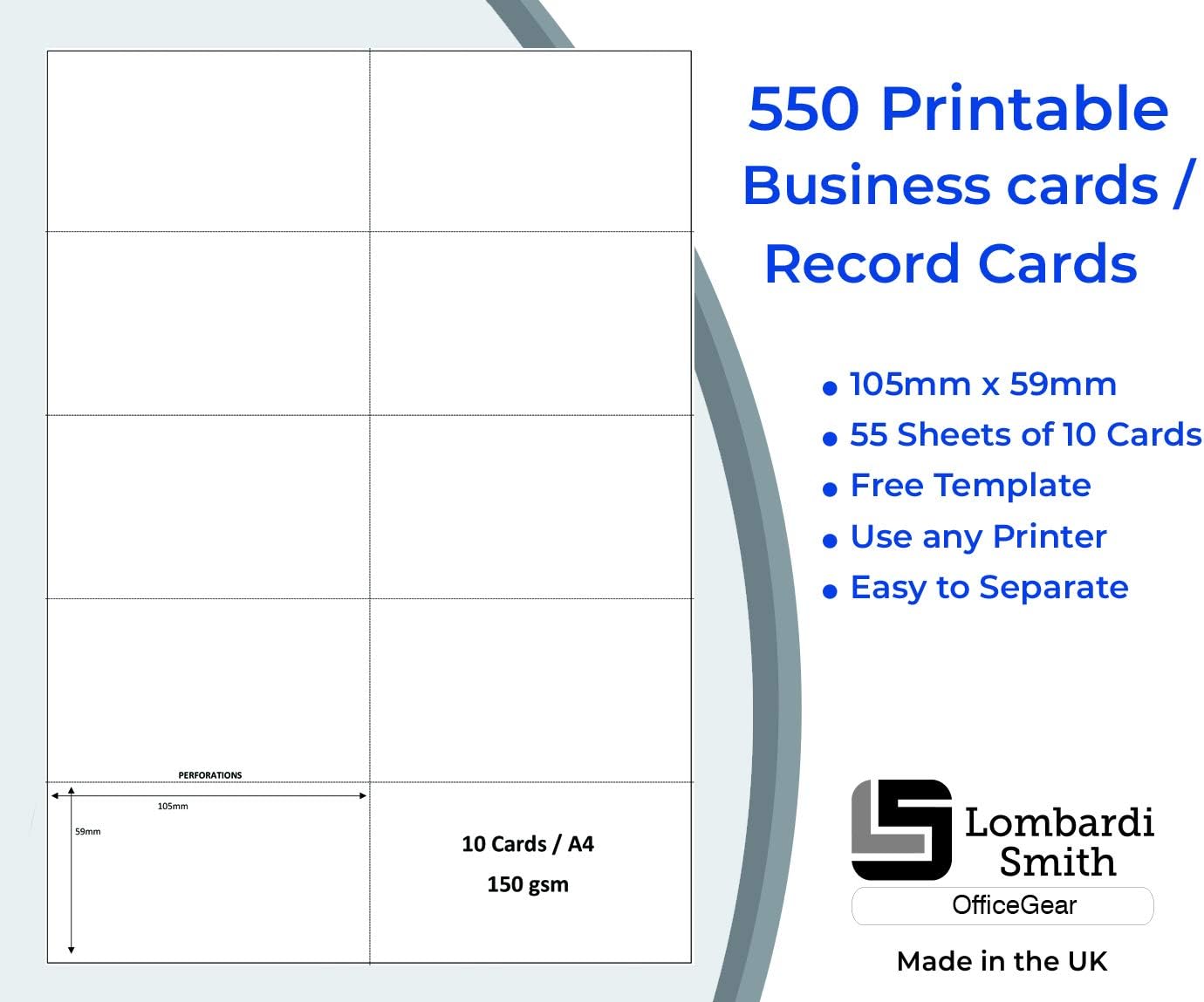 OfficeGear Printable Business Cards 10-up (55 Sheets - 550 Pack) 59mm x 105mm Perforated Custom Printable 150gsm Cards - Image 3