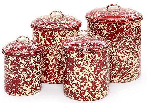 Enamelware 4 Piece Canister Set - Burgundy/Cream Marble