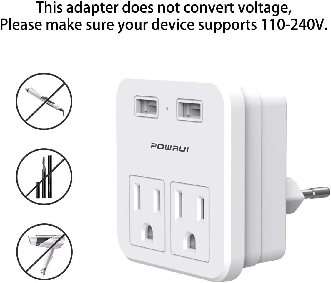 European Travel Plug Adapter, POWRUI 2 Pack International Power Adapter with 2 AC Outlets and Dual USB ports for USA To Most of Europe EU Israel Brazil Italy(Type C - Most of Europe): Home Improvement