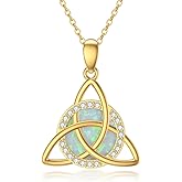 SISGEM Solid 14K Gold Celtic Knot Necklace for Women,14kt Yellow Gold White Opal Triangle Celtic Knot Pendant Necklace with CZ Irish Jewelry Gifts for Her Mom Wife Christmas Birthday,16"-18"