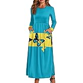 TOADDITDO Women Long Sleeve Maxi Dress Formal Empire Waist Long Dresses Casual O Neck Floor Length Dress with Pockets