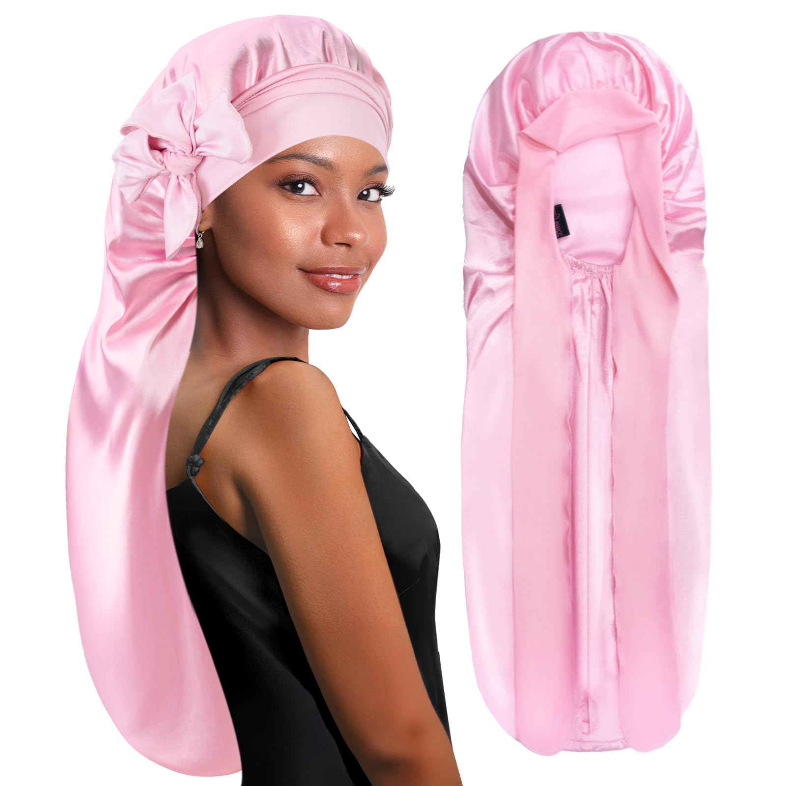 BONNET QUEEN Silk Bonnet for Sleeping Long Hair & Braids Extensions Hair, Satin Long Bonnet for Women, Adjustable Silk Scarf Night Cap with Tie Band, Pink